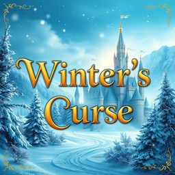 An enchanting book cover for a winter fantasy novel titled "Winter's Curse," featuring a beautiful large gold fantasy font for the title