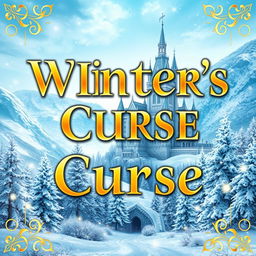 An enchanting book cover for a winter fantasy novel titled "Winter's Curse," featuring a beautiful large gold fantasy font for the title