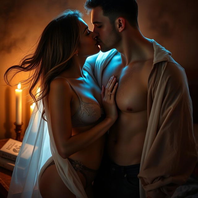 A sensuous couple in an intimate setting, softly lit by candlelight