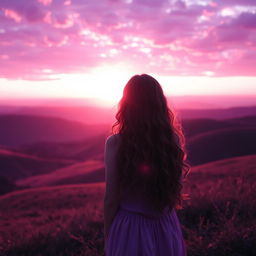 A girl with long, curly hair turned away from the viewer, standing on a hillside facing a breathtaking sunrise