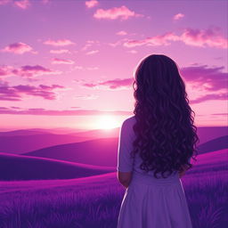 A girl with long, curly hair turned away from the viewer, standing on a hillside facing a breathtaking sunrise