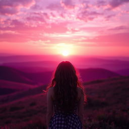 A girl with long, curly hair turned away from the viewer, standing on a hillside facing a breathtaking sunrise