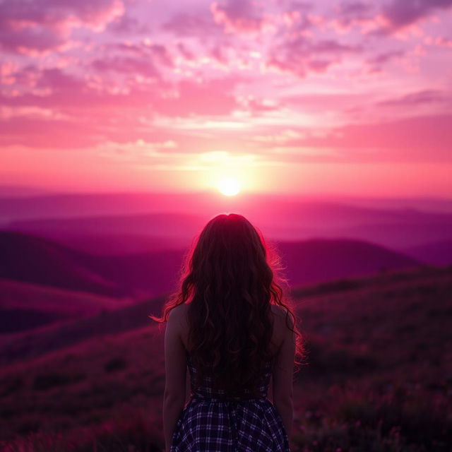 A girl with long, curly hair turned away from the viewer, standing on a hillside facing a breathtaking sunrise