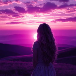 A girl with long, curly hair turned away from the viewer, standing on a hillside facing a breathtaking sunrise