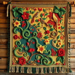 An intricate and beautiful woven tapestry, featuring an array of colors including deep emerald greens, vibrant reds, and rich golds