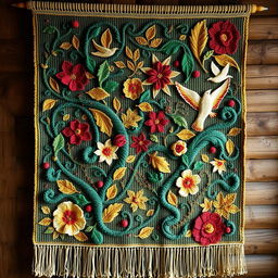 An intricate and beautiful woven tapestry, featuring an array of colors including deep emerald greens, vibrant reds, and rich golds