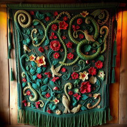 An intricate and beautiful woven tapestry, featuring an array of colors including deep emerald greens, vibrant reds, and rich golds