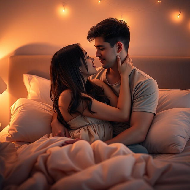 A romantic scene featuring a young couple sharing an intimate moment in a softly lit bedroom, showcasing their emotional connection