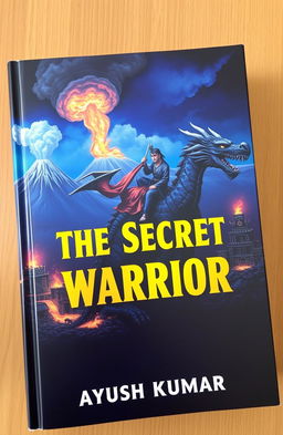 A mysterious book with a dark blue-black background depicting an ancient warrior in traditional costume writing on the back of a fantastic dragon