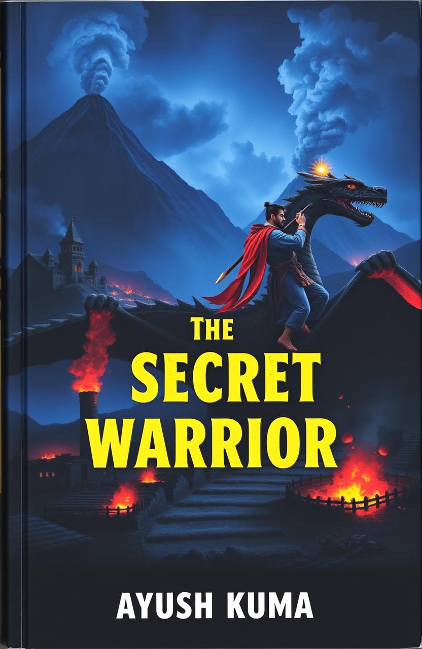A mysterious book with a dark blue-black background depicting an ancient warrior in traditional costume writing on the back of a fantastic dragon