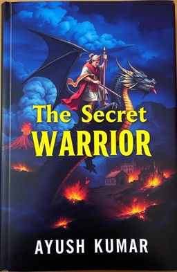 A mysterious book with a dark blue-black background depicting an ancient warrior in traditional costume writing on the back of a fantastic dragon