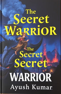 A mysterious book with a dark blue-black background depicting an ancient warrior in traditional costume writing on the back of a fantastic dragon