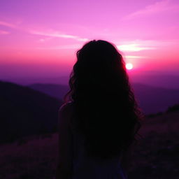 A girl with long, curly black hair turned away from the viewer, standing on a hillside facing a breathtaking sunrise