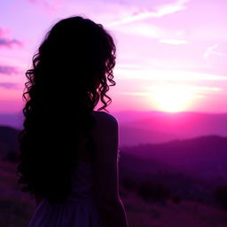 A girl with long, curly black hair turned away from the viewer, standing on a hillside facing a breathtaking sunrise