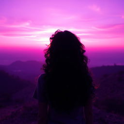 A girl with long, curly black hair turned away from the viewer, standing on a hillside facing a breathtaking sunrise