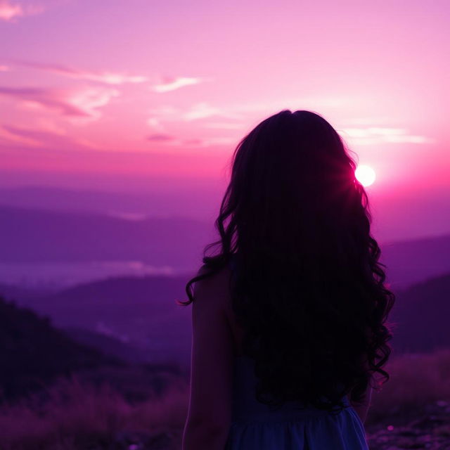 A girl with long, curly black hair turned away from the viewer, standing on a hillside facing a breathtaking sunrise