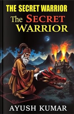 A dark, black and blue colored background book cover featuring an old traditional warrior dressed in a bra costume, writing on a mysterious dragon