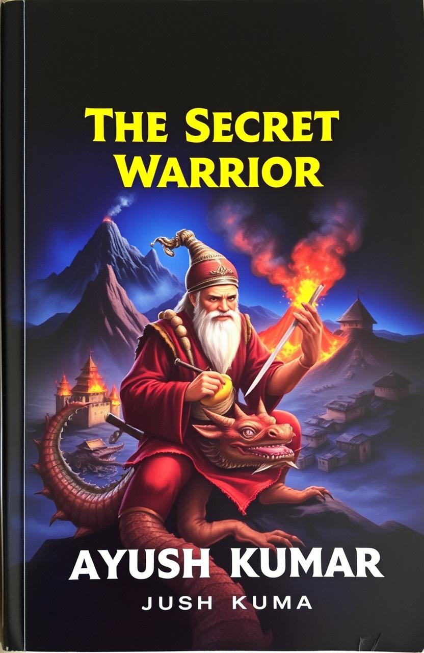 A dark, black and blue colored background book cover featuring an old traditional warrior dressed in a bra costume, writing on a mysterious dragon