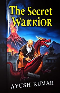 A dark, black and blue colored background book cover featuring an old traditional warrior dressed in a bra costume, writing on a mysterious dragon