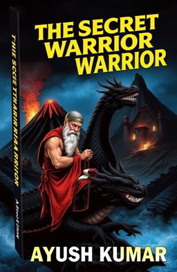 A dark, black and blue colored background book cover featuring an old traditional warrior dressed in a bra costume, writing on a mysterious dragon