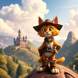 A vibrant and whimsical fantasy scene inspired by the movie 'Puss in Boots' (2011), showcasing the adventurous cat hero, Puss, dressed in his signature boots and hat, confidently standing atop a hill with a picturesque fairy tale landscape in the background
