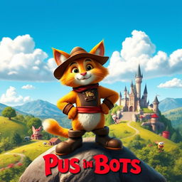A vibrant and whimsical fantasy scene inspired by the movie 'Puss in Boots' (2011), showcasing the adventurous cat hero, Puss, dressed in his signature boots and hat, confidently standing atop a hill with a picturesque fairy tale landscape in the background
