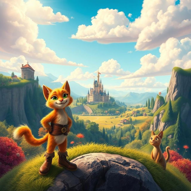 A vibrant and whimsical fantasy scene inspired by the movie 'Puss in Boots' (2011), showcasing the adventurous cat hero, Puss, dressed in his signature boots and hat, confidently standing atop a hill with a picturesque fairy tale landscape in the background