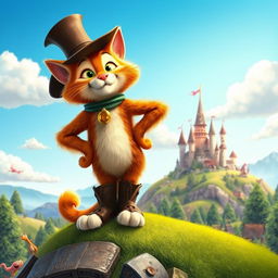 A vibrant and whimsical fantasy scene inspired by the movie 'Puss in Boots' (2011), showcasing the adventurous cat hero, Puss, dressed in his signature boots and hat, confidently standing atop a hill with a picturesque fairy tale landscape in the background