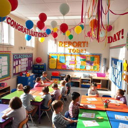 A vibrant and colorful classroom decorated for report card day, featuring balloons, streamers, and banners that read 'Congratulations!' and 'Great Job!' in bright letters