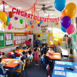 A vibrant and colorful classroom decorated for report card day, featuring balloons, streamers, and banners that read 'Congratulations!' and 'Great Job!' in bright letters