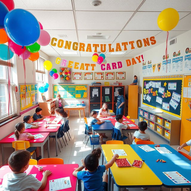 A vibrant and colorful classroom decorated for report card day, featuring balloons, streamers, and banners that read 'Congratulations!' and 'Great Job!' in bright letters