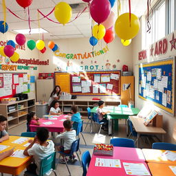 A vibrant and colorful classroom decorated for report card day, featuring balloons, streamers, and banners that read 'Congratulations!' and 'Great Job!' in bright letters