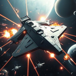 A massive futuristic spaceship engaged in an epic space battle, surrounded by a flurry of bright laser beams and explosions, with a vivid starfield backdrop and distant planets