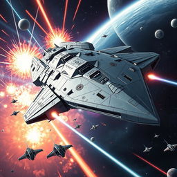 A massive futuristic spaceship engaged in an epic space battle, surrounded by a flurry of bright laser beams and explosions, with a vivid starfield backdrop and distant planets