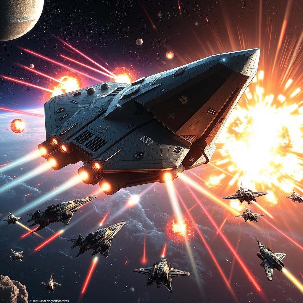 A massive futuristic spaceship engaged in an epic space battle, surrounded by a flurry of bright laser beams and explosions, with a vivid starfield backdrop and distant planets