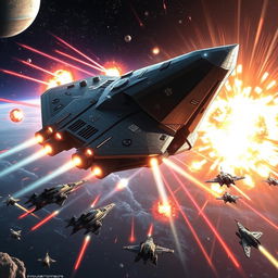 A massive futuristic spaceship engaged in an epic space battle, surrounded by a flurry of bright laser beams and explosions, with a vivid starfield backdrop and distant planets
