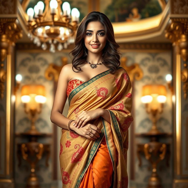 A stunning woman wearing a sexy saree, the fabric elegantly draping over her curves