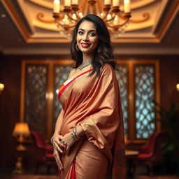 A stunning woman wearing a sexy saree, the fabric elegantly draping over her curves