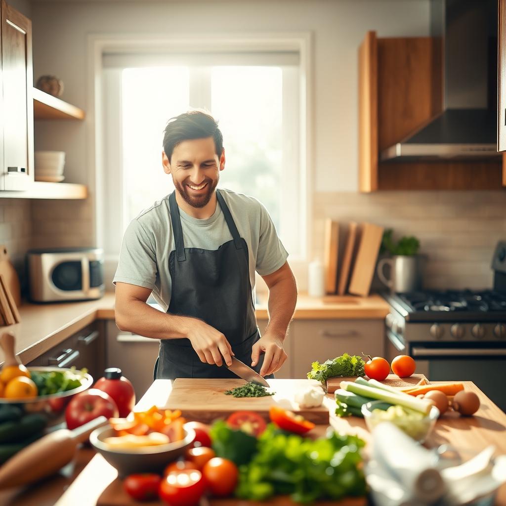 A warm and inviting kitchen scene featuring Lionel Messi, the famous Argentine footballer, cooking a delicious meal