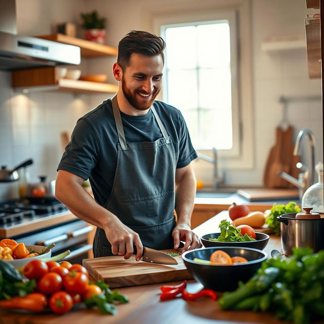 A warm and inviting kitchen scene featuring Lionel Messi, the famous Argentine footballer, cooking a delicious meal