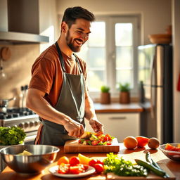 A warm and inviting kitchen scene featuring Lionel Messi, the famous Argentine footballer, cooking a delicious meal