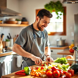 A warm and inviting kitchen scene featuring Lionel Messi, the famous Argentine footballer, cooking a delicious meal