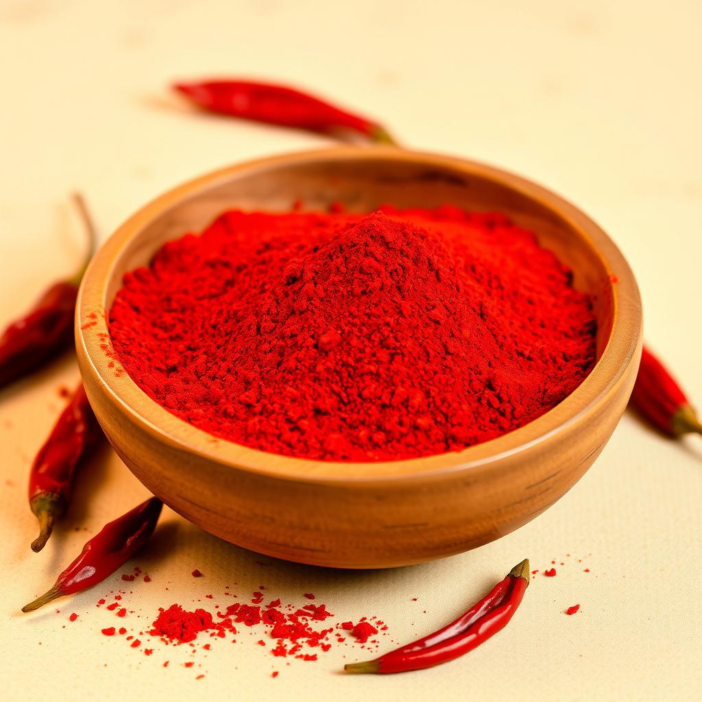 A rustic wooden bowl filled with vibrant red chili powder, the texture looking fine and rich, surrounded by a few red dried chilies scattered around it