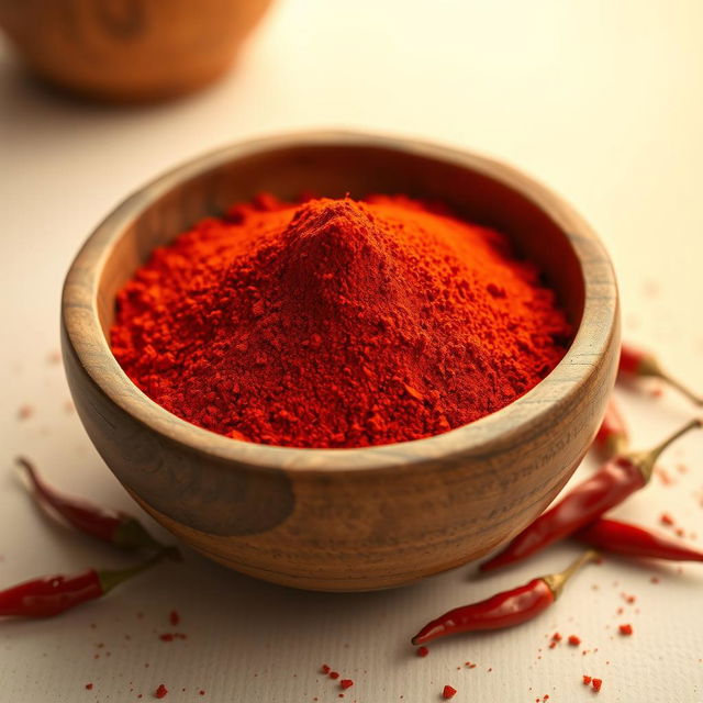 A rustic wooden bowl filled with vibrant red chili powder, the texture looking fine and rich, surrounded by a few red dried chilies scattered around it