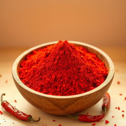 A rustic wooden bowl filled with vibrant red chili powder, the texture looking fine and rich, surrounded by a few red dried chilies scattered around it