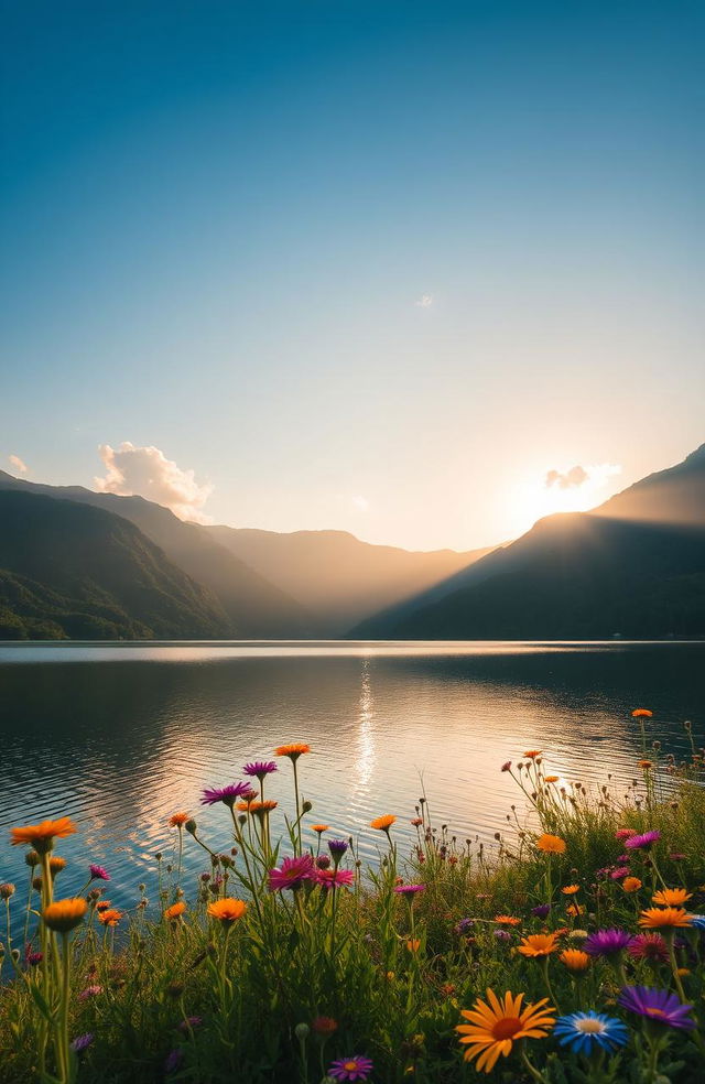 A serene landscape featuring a tranquil lake surrounded by lush green mountains under a bright blue sky