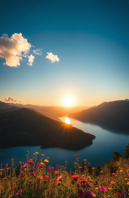 A serene landscape featuring a tranquil lake surrounded by lush green mountains under a bright blue sky