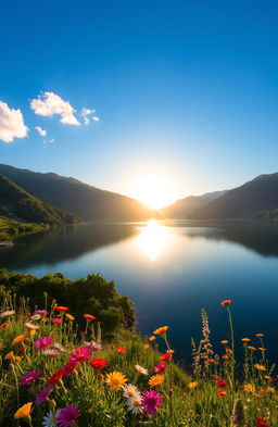 A serene landscape featuring a tranquil lake surrounded by lush green mountains under a bright blue sky