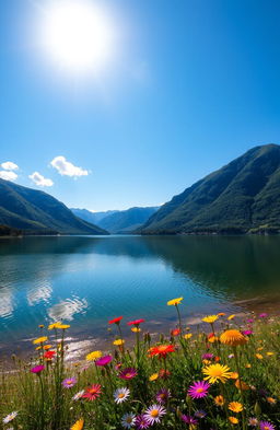 A serene landscape featuring a tranquil lake surrounded by lush green mountains under a bright blue sky