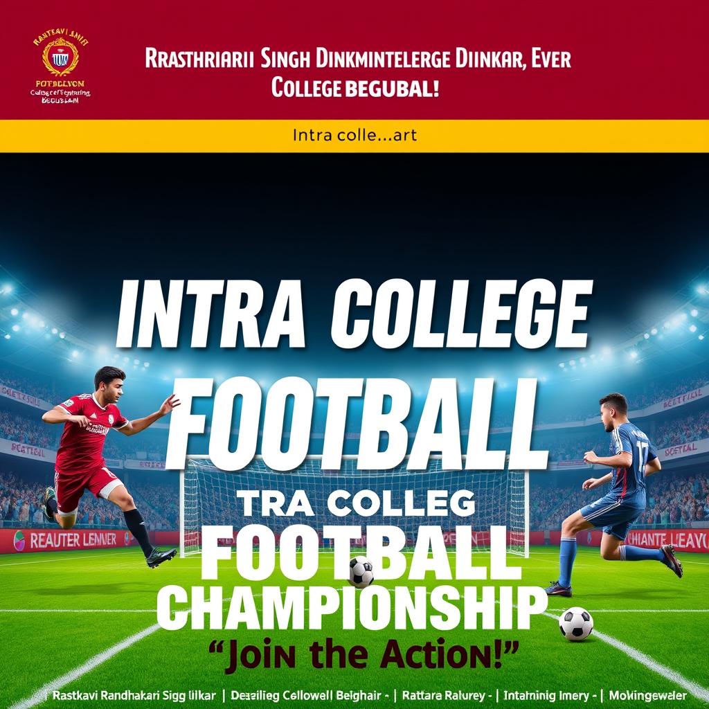 An energetic and vibrant intra-college sports banner for football, prominently featuring the name 'Rastkavi Ramdhari Singh Dinkar College of Engineering, Begusarai'